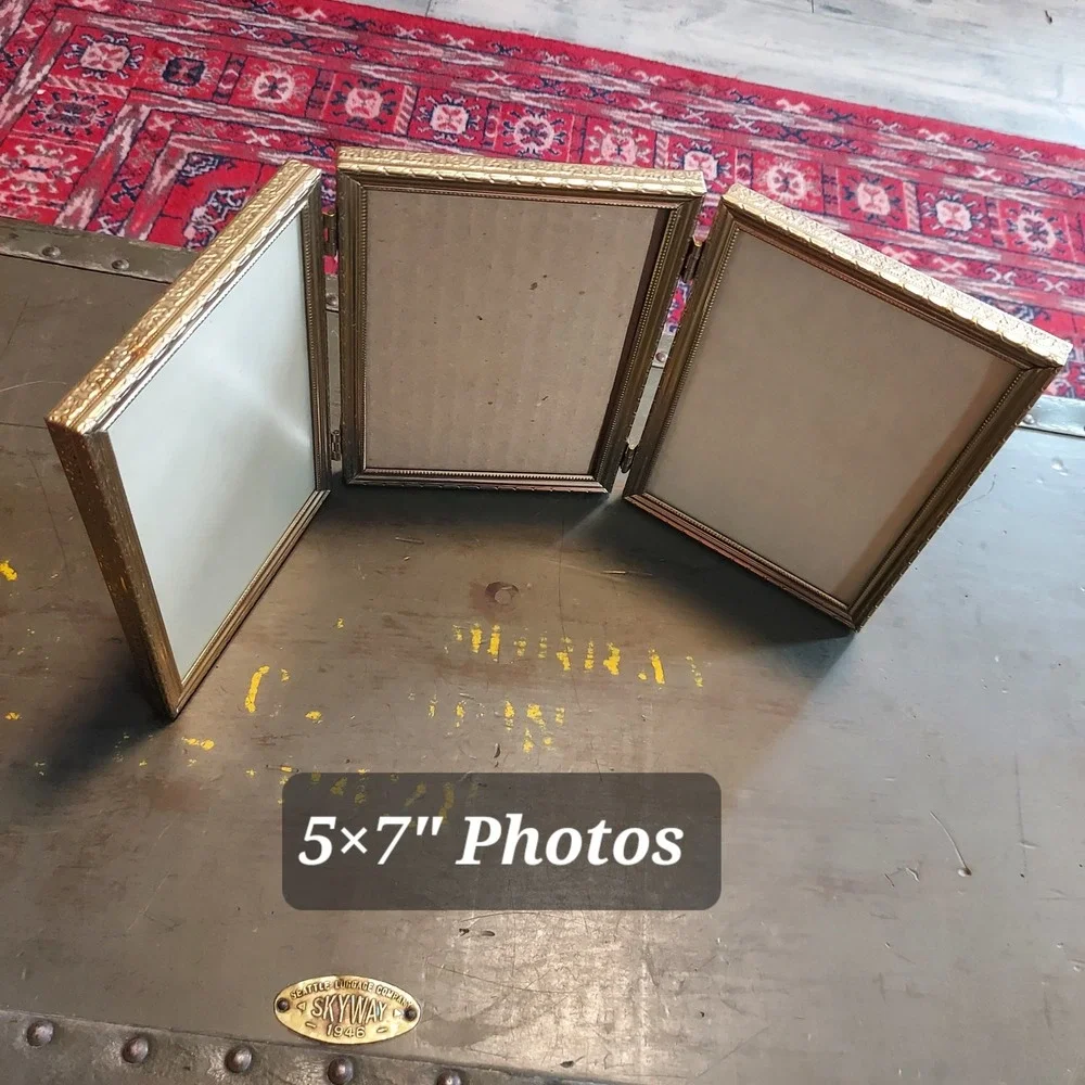 Vintage Gold Triple Folding Picture Frame 5x7 Triptych Hinged Metal Beaded Edge